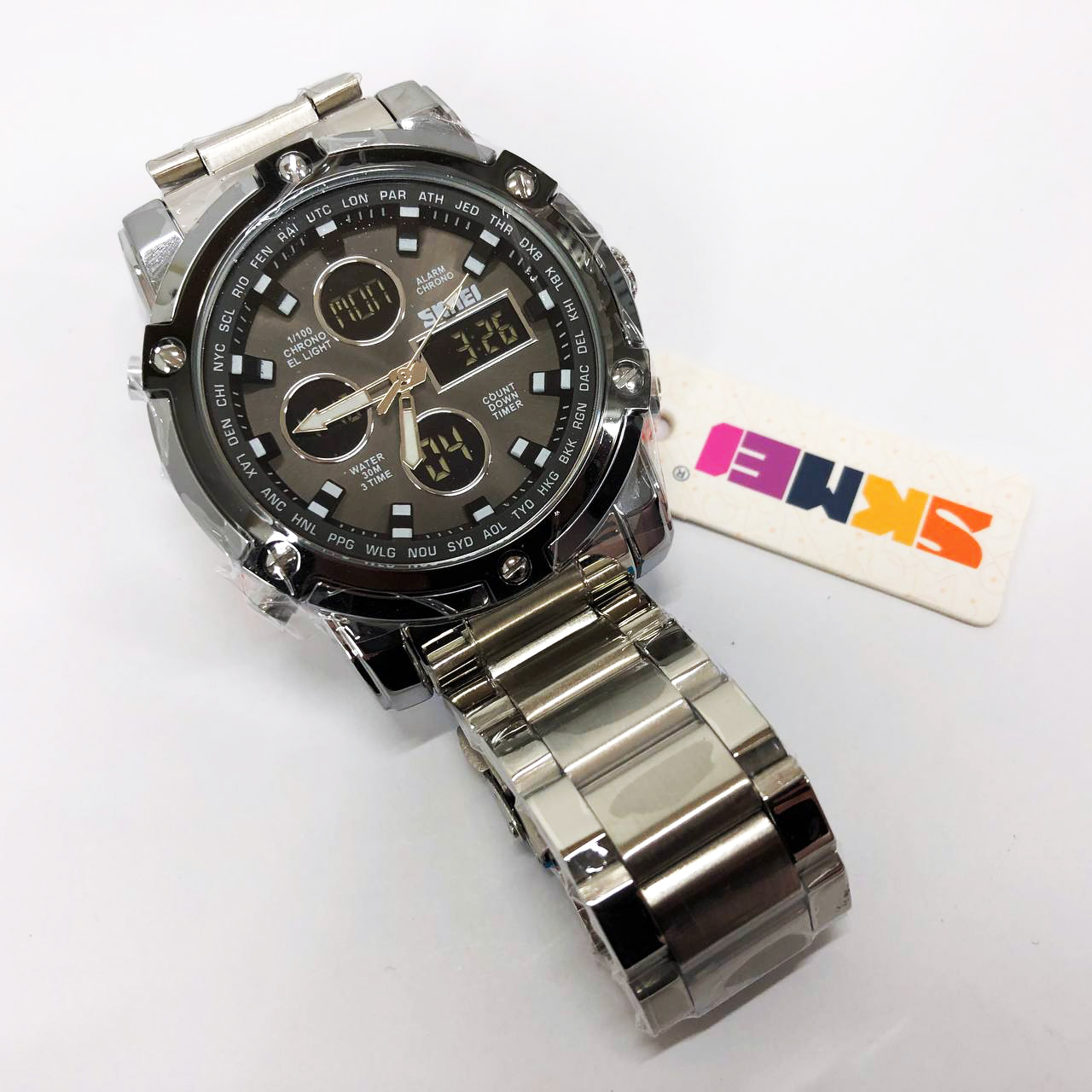 Часы наручные мужские SKMEI 1389SIBK SILVER-BLACK, модные мужские часы. Цвет: серебряный + черный