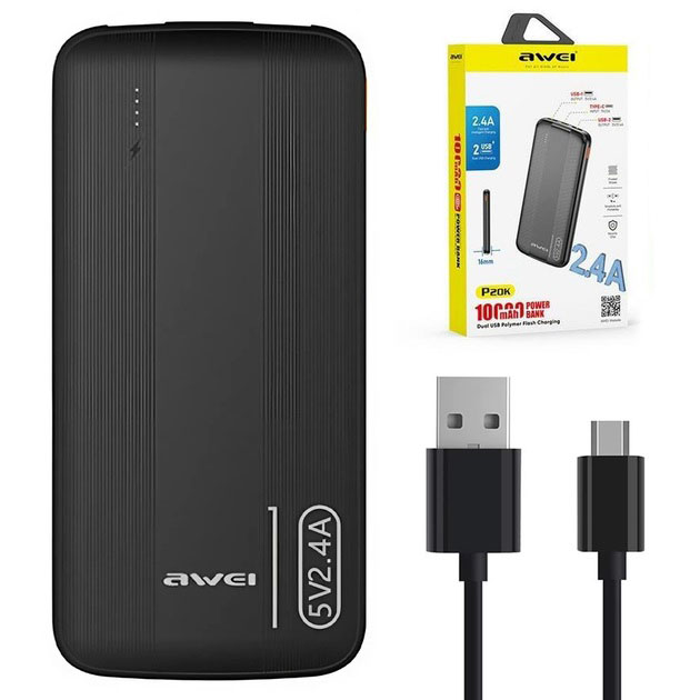 Power Bank Awei P20K 10000 mah Портативное зарядное УМБ 2xUSB черный