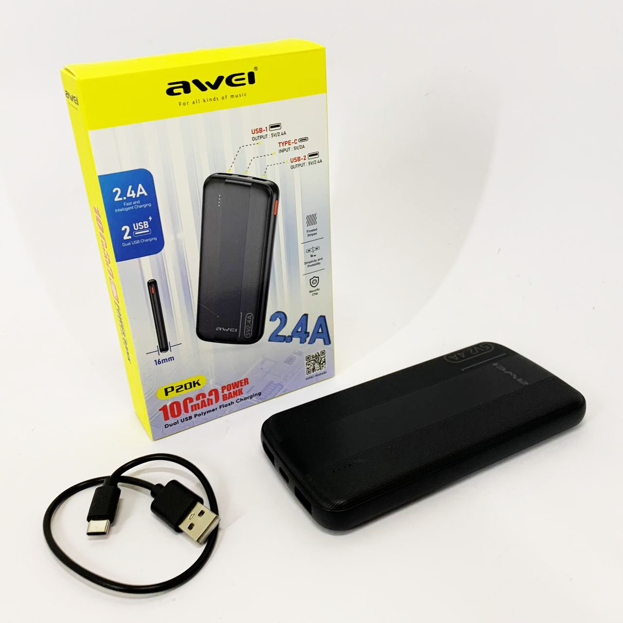Power Bank Awei P20K 10000 mah Портативное зарядное УМБ 2xUSB черный