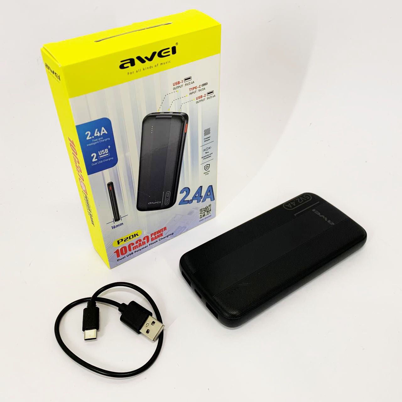 Power Bank Awei P20K 10000 mah Портативное зарядное УМБ 2xUSB черный