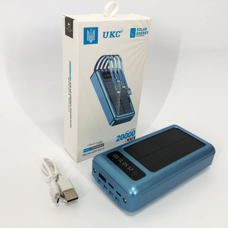 Портативное зарядное устройство на 20000mAh, Power Bank на солнечной батарее, для планшета. Цвет: синий