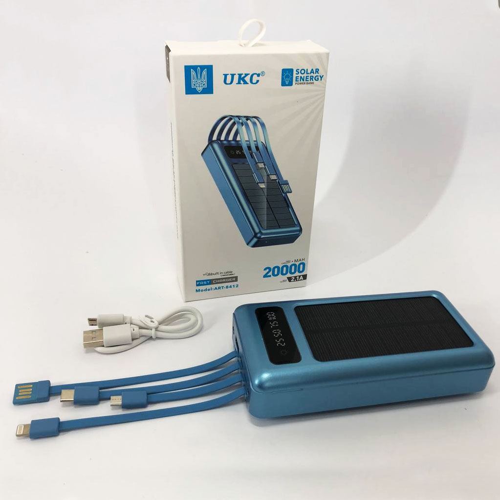 Портативное зарядное устройство на 20000mAh, Power Bank на солнечной батарее, для планшета. Цвет: синий