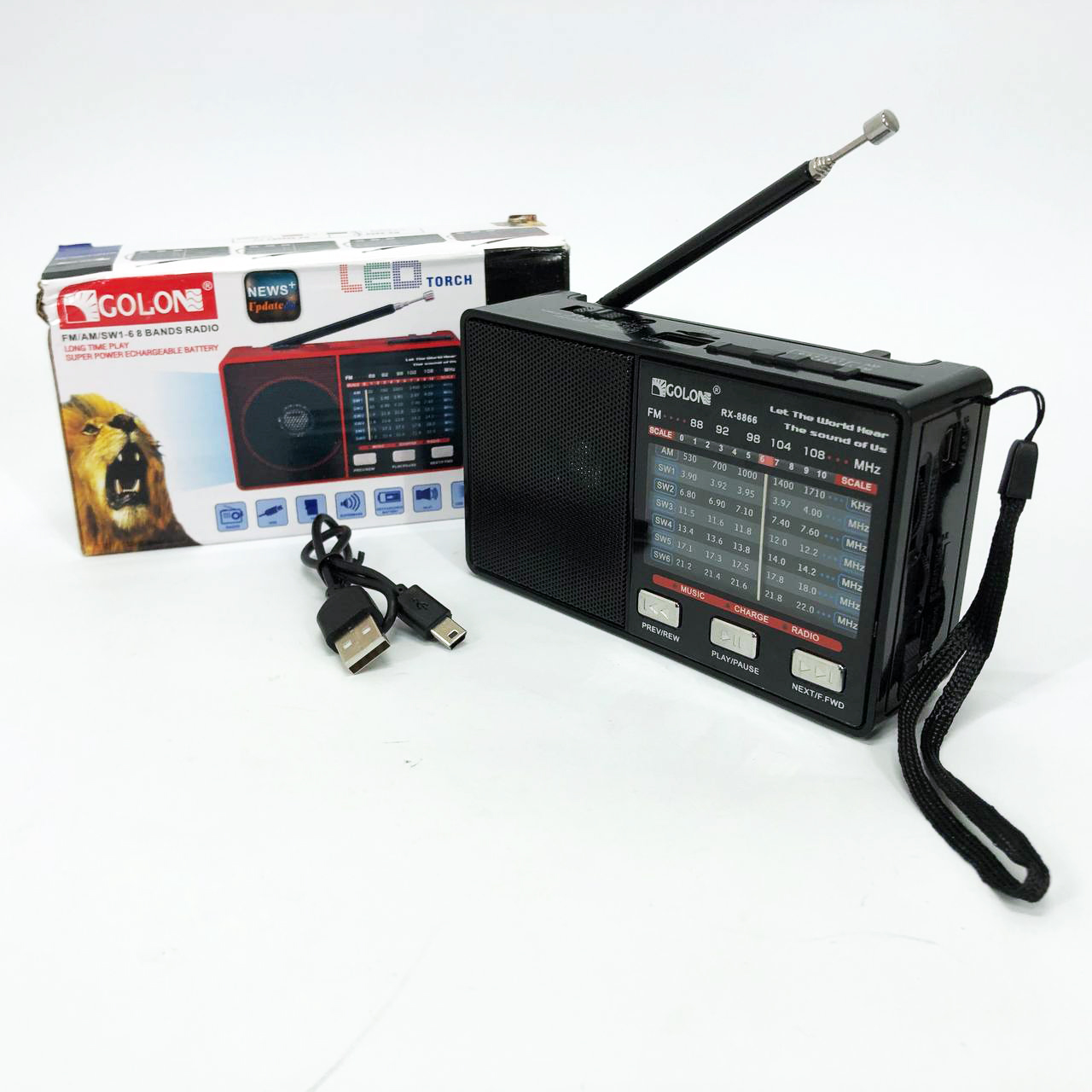 Радио GOLON RX-8866 цифровой портативный радиоприемник с фонариком функцией PowerBank. Цвет: черный