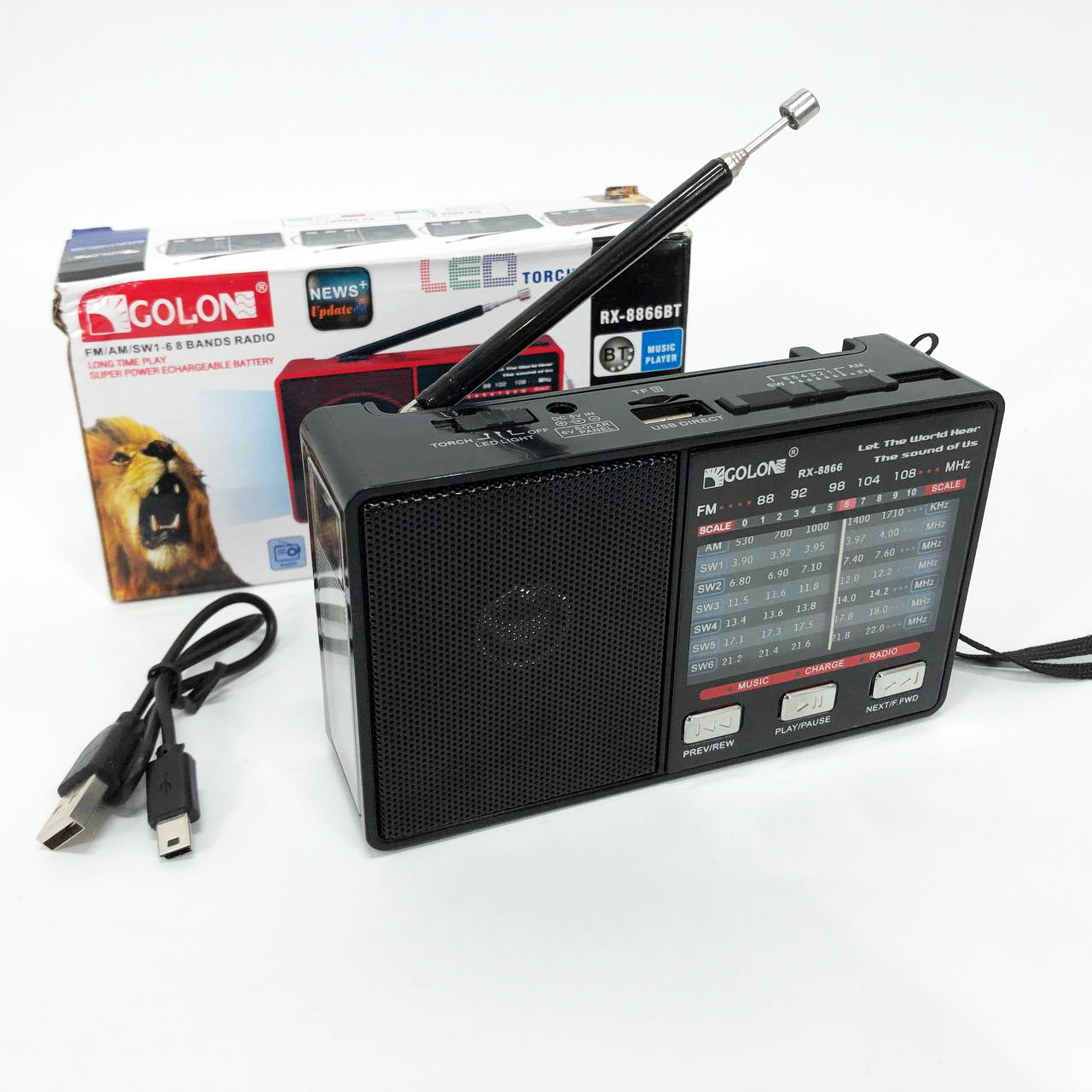 Радио GOLON RX-8866 цифровой портативный радиоприемник с фонариком функцией PowerBank. Цвет: черный