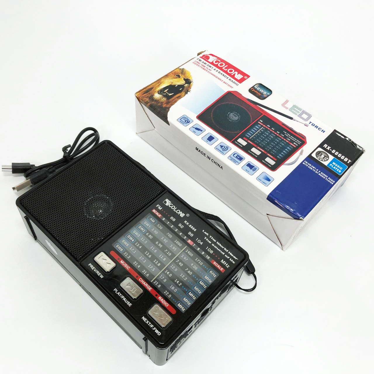 Радио GOLON RX-8866 цифровой портативный радиоприемник с фонариком функцией PowerBank. Цвет: черный