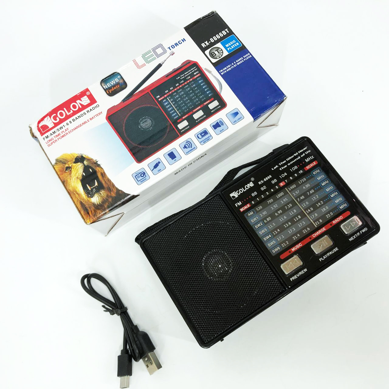 Радио GOLON RX-8866 цифровой портативный радиоприемник с фонариком функцией PowerBank. Цвет: черный