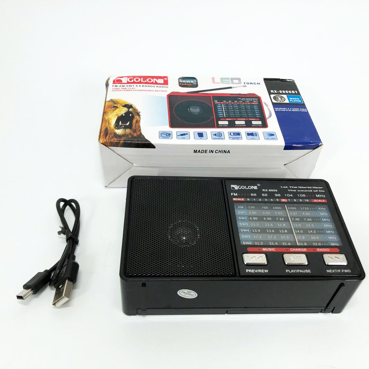 Радио GOLON RX-8866 цифровой портативный радиоприемник с фонариком функцией PowerBank. Цвет: черный