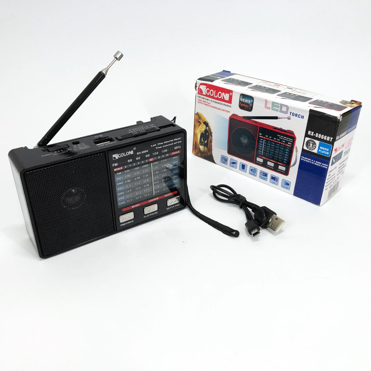 Радио GOLON RX-8866 цифровой портативный радиоприемник с фонариком функцией PowerBank. Цвет: черный