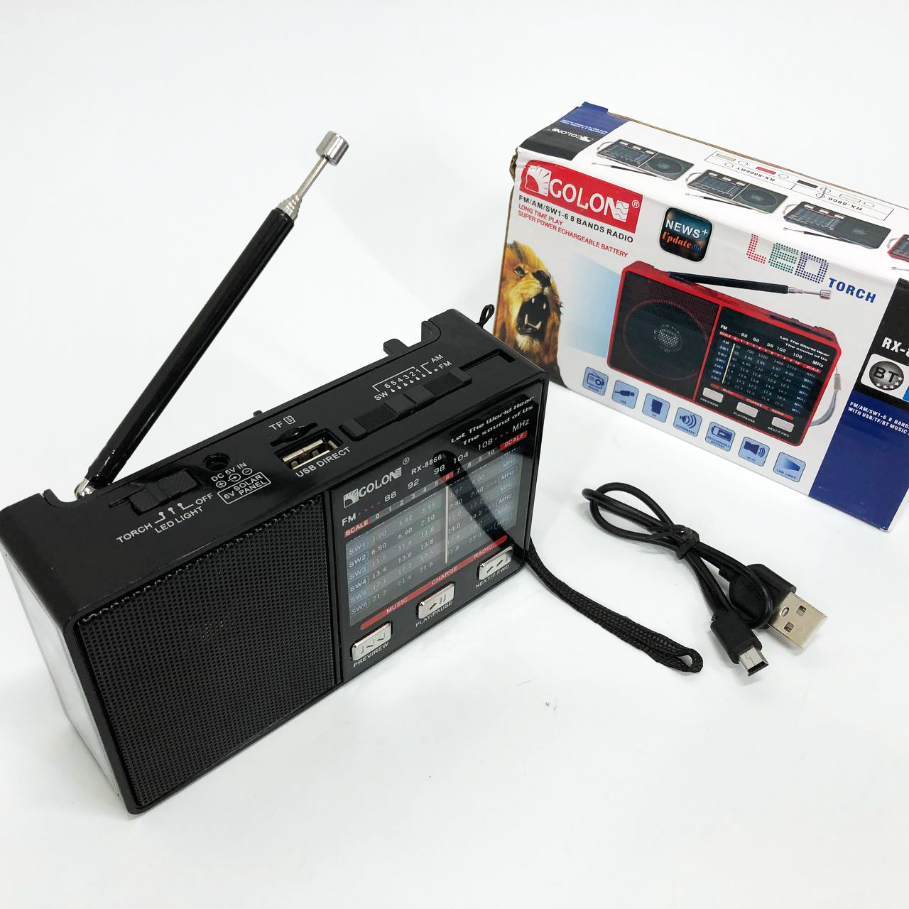 Радио GOLON RX-8866 цифровой портативный радиоприемник с фонариком функцией PowerBank. Цвет: черный