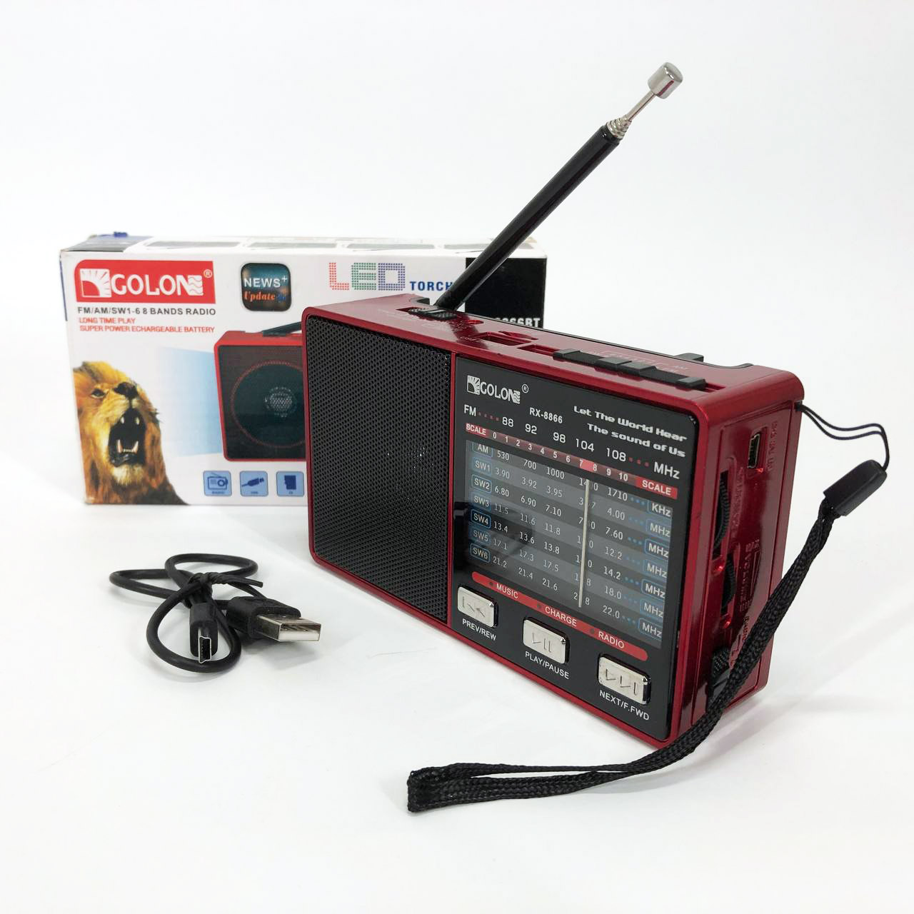 Радио GOLON RX-8866 цифровой портативный радиоприемник с фонариком функцией PowerBank. Цвет: красный