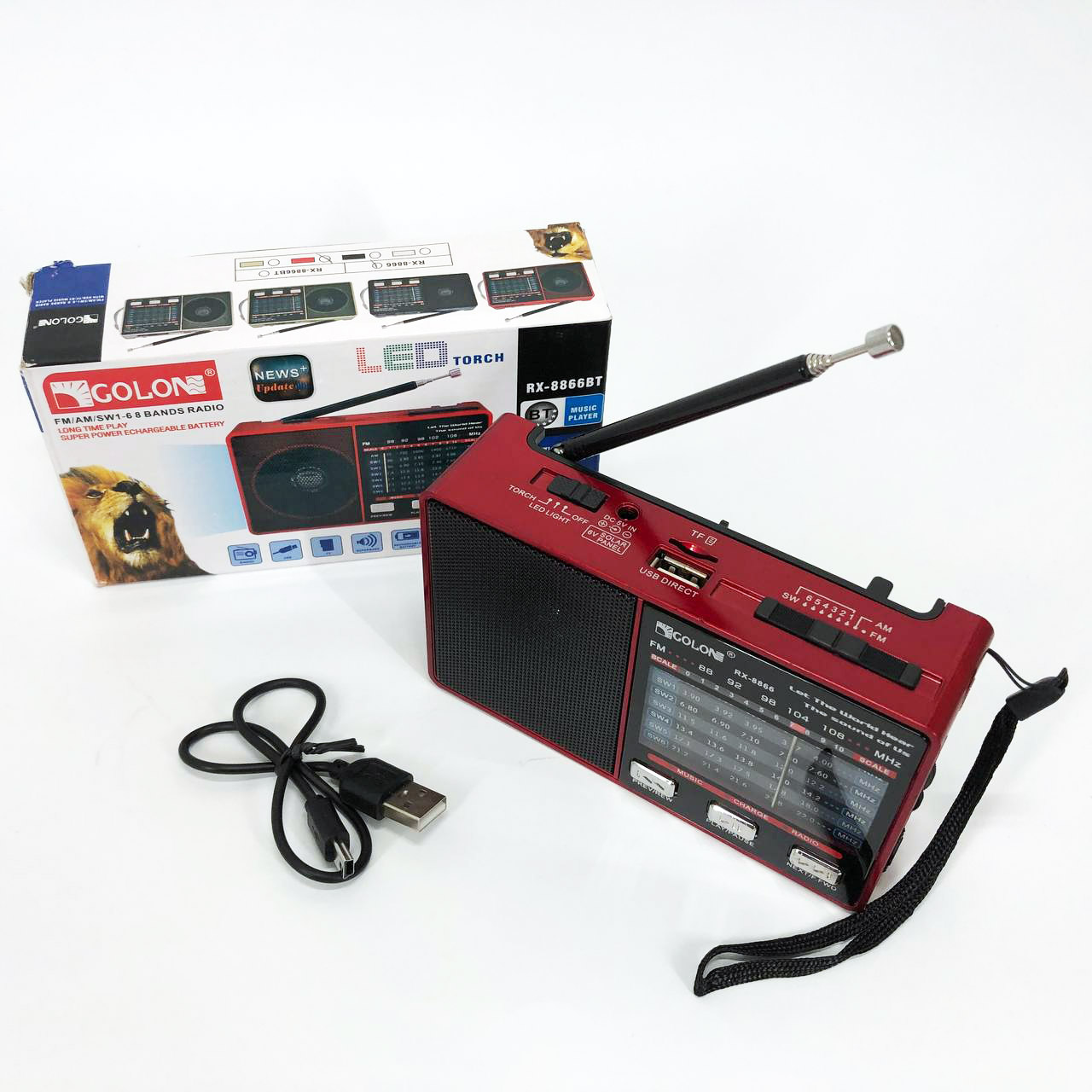 Радио GOLON RX-8866 цифровой портативный радиоприемник с фонариком функцией PowerBank. Цвет: красный