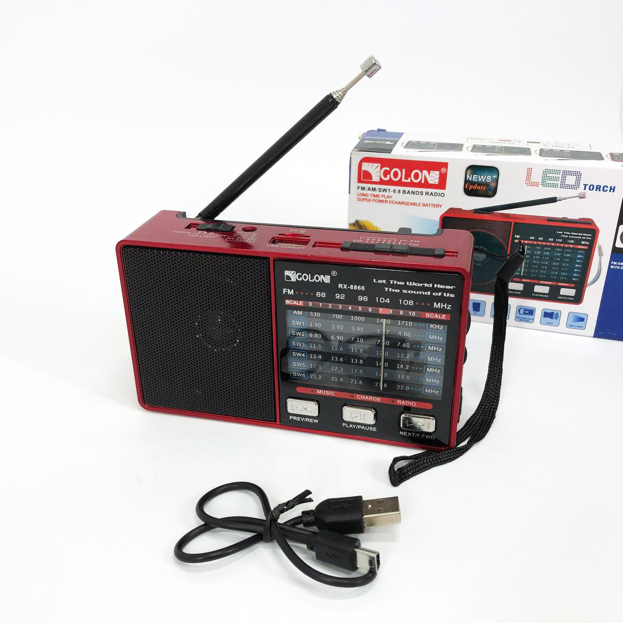 Радио GOLON RX-8866 цифровой портативный радиоприемник с фонариком функцией PowerBank. Цвет: красный