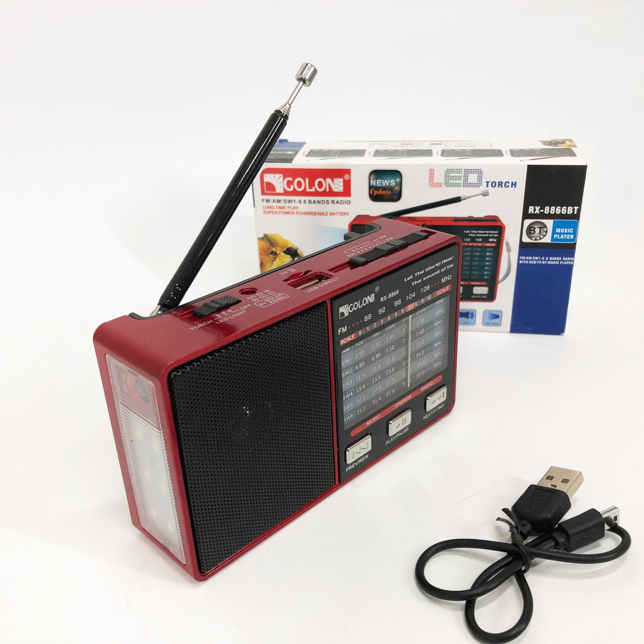 Радио GOLON RX-8866 цифровой портативный радиоприемник с фонариком функцией PowerBank. Цвет: красный
