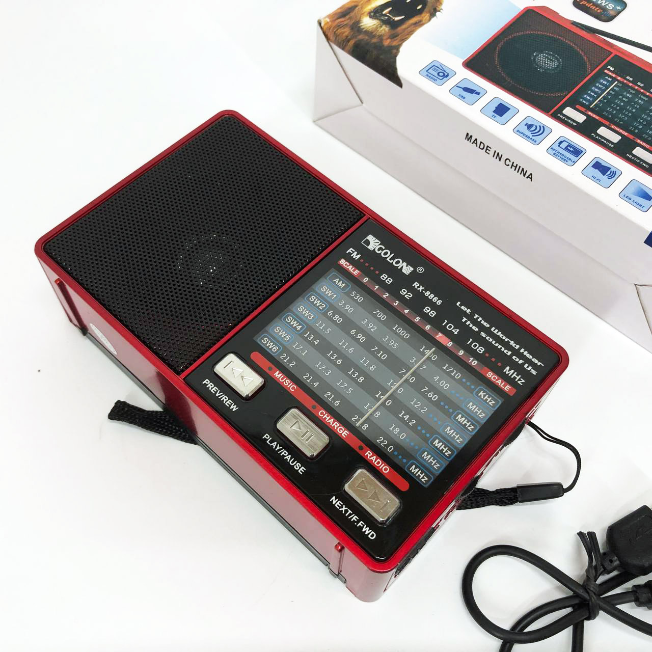 Радио GOLON RX-8866 цифровой портативный радиоприемник с фонариком функцией PowerBank. Цвет: красный