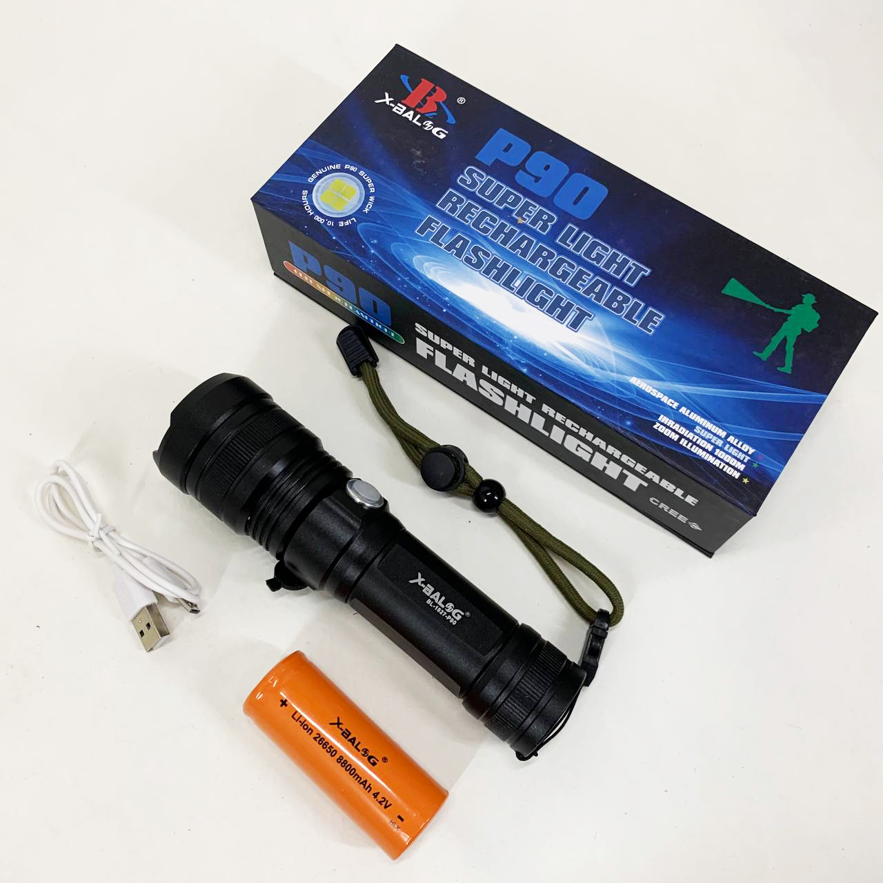 Ручной аккумуляторный светодиодный фонарь Police X-Balog BL-1827-P90 переносной с USB зарядкой оптическим зумом и металлическим корпусом + ремешок на руку