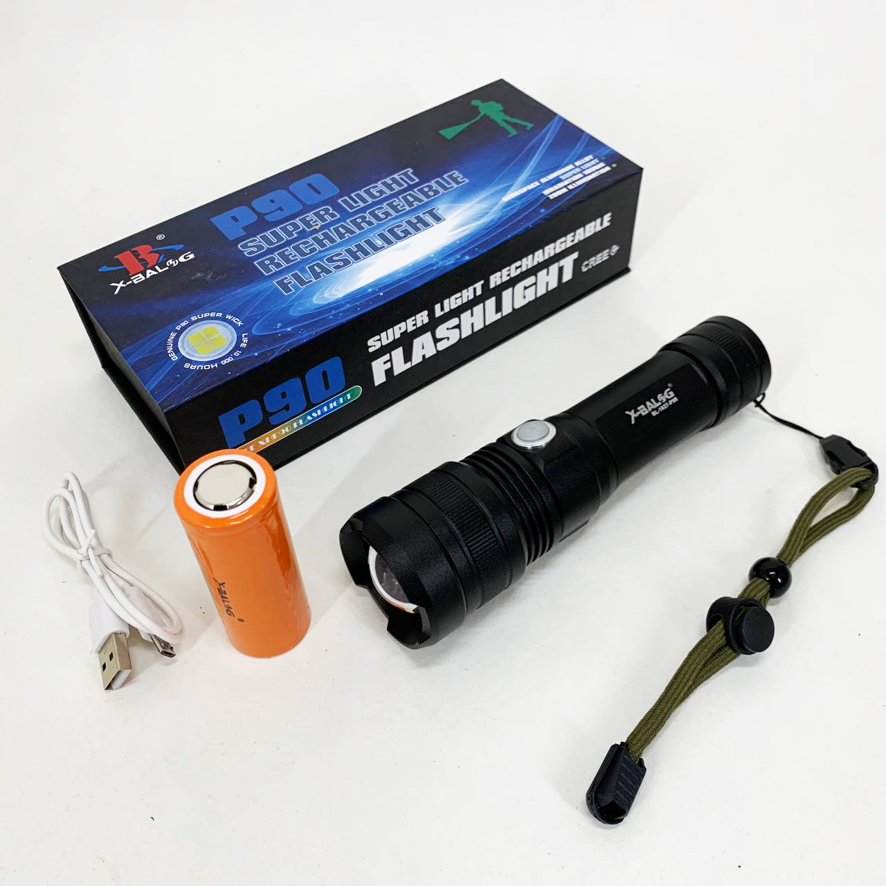 Ручной аккумуляторный светодиодный фонарь Police X-Balog BL-1827-P90 переносной с USB зарядкой оптическим зумом и металлическим корпусом + ремешок на руку