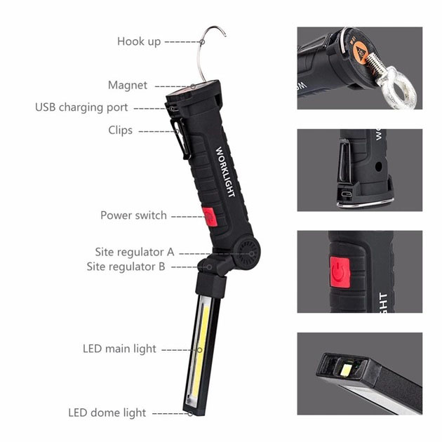 Фонарь кемпинг W51-SMD+COB, поворот на 180º+180º, магнит, зажим, крюк для подвеса, встроенный аккумулятор