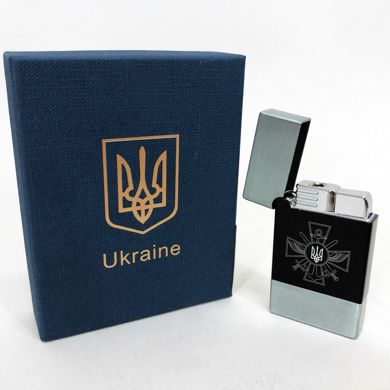 Зажигалка газовая Украина Подарочная коробка, турбо пламя HL-393-1. Цвет: серебро