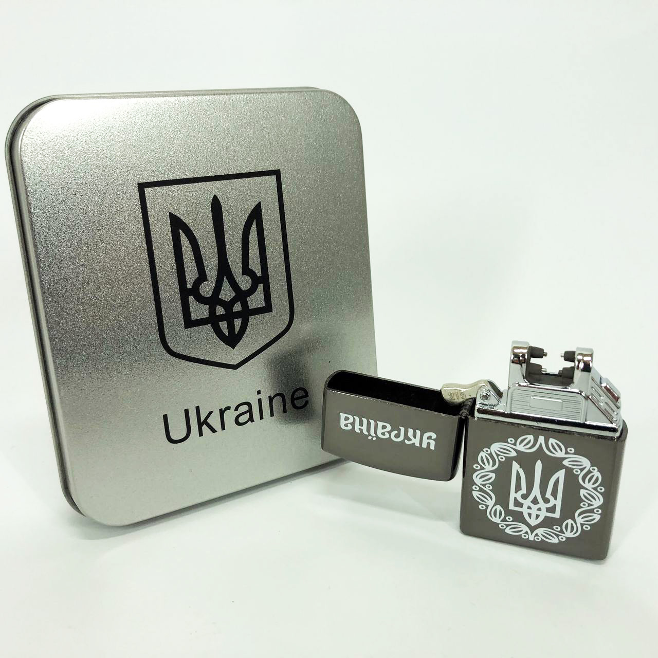 Дуговая электроимпульсная USB зажигалка Украина металлическая коробка HL-447. Цвет: черный