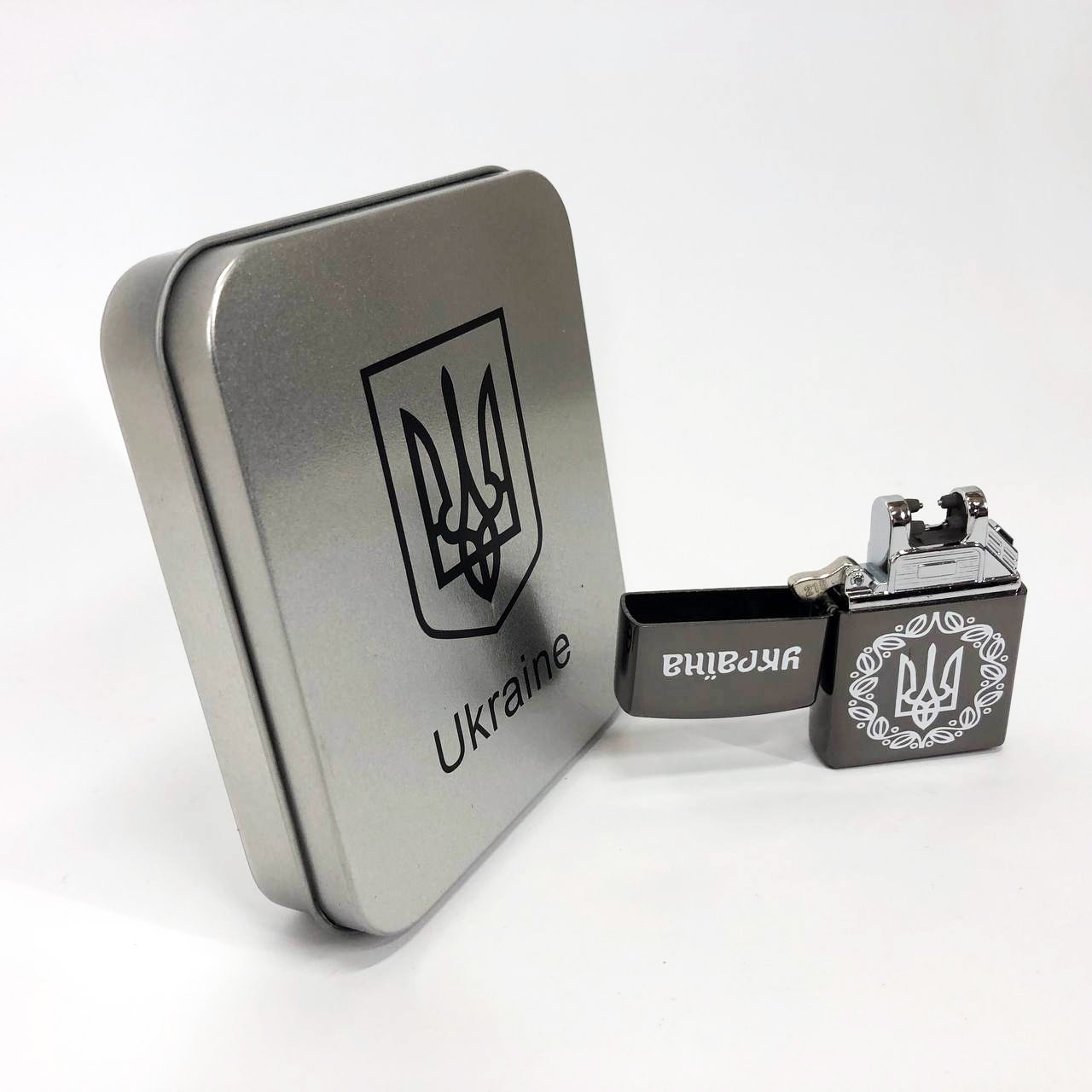 Дуговая электроимпульсная USB зажигалка Украина металлическая коробка HL-447. Цвет: черный