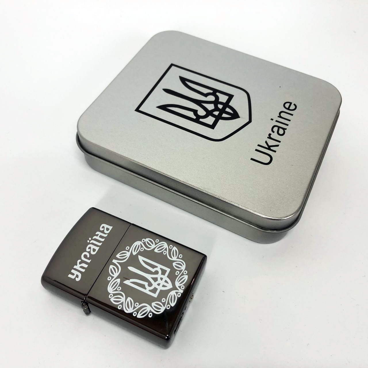 Дуговая электроимпульсная USB зажигалка Украина металлическая коробка HL-447. Цвет: черный