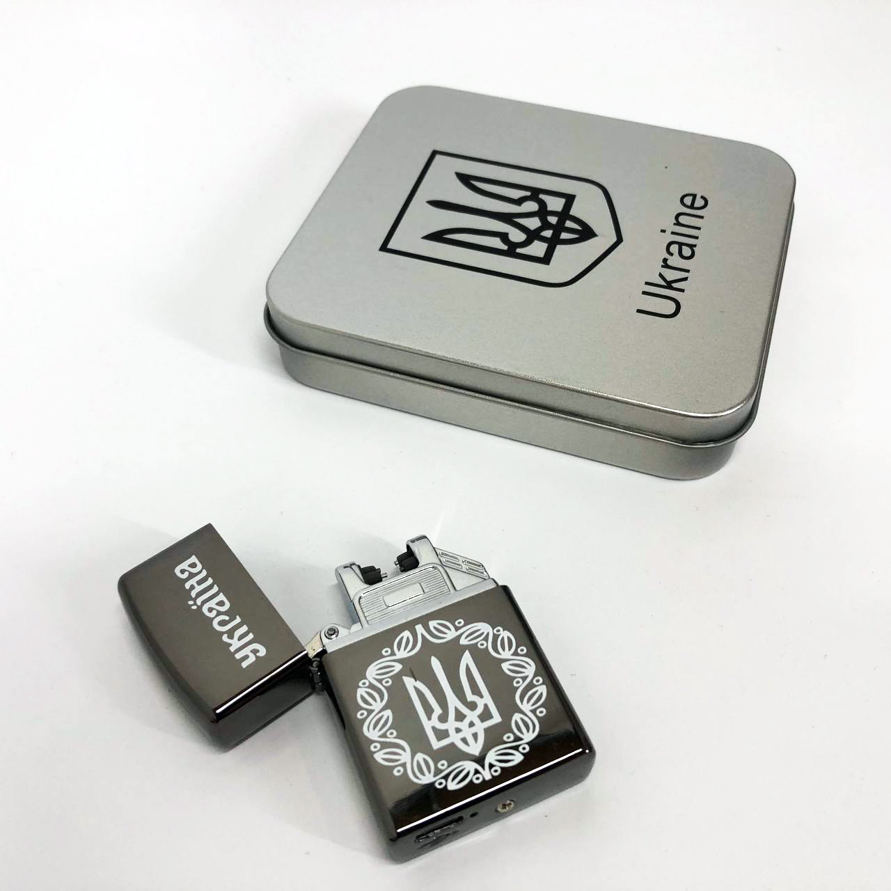 Дуговая электроимпульсная USB зажигалка Украина металлическая коробка HL-447. Цвет: черный