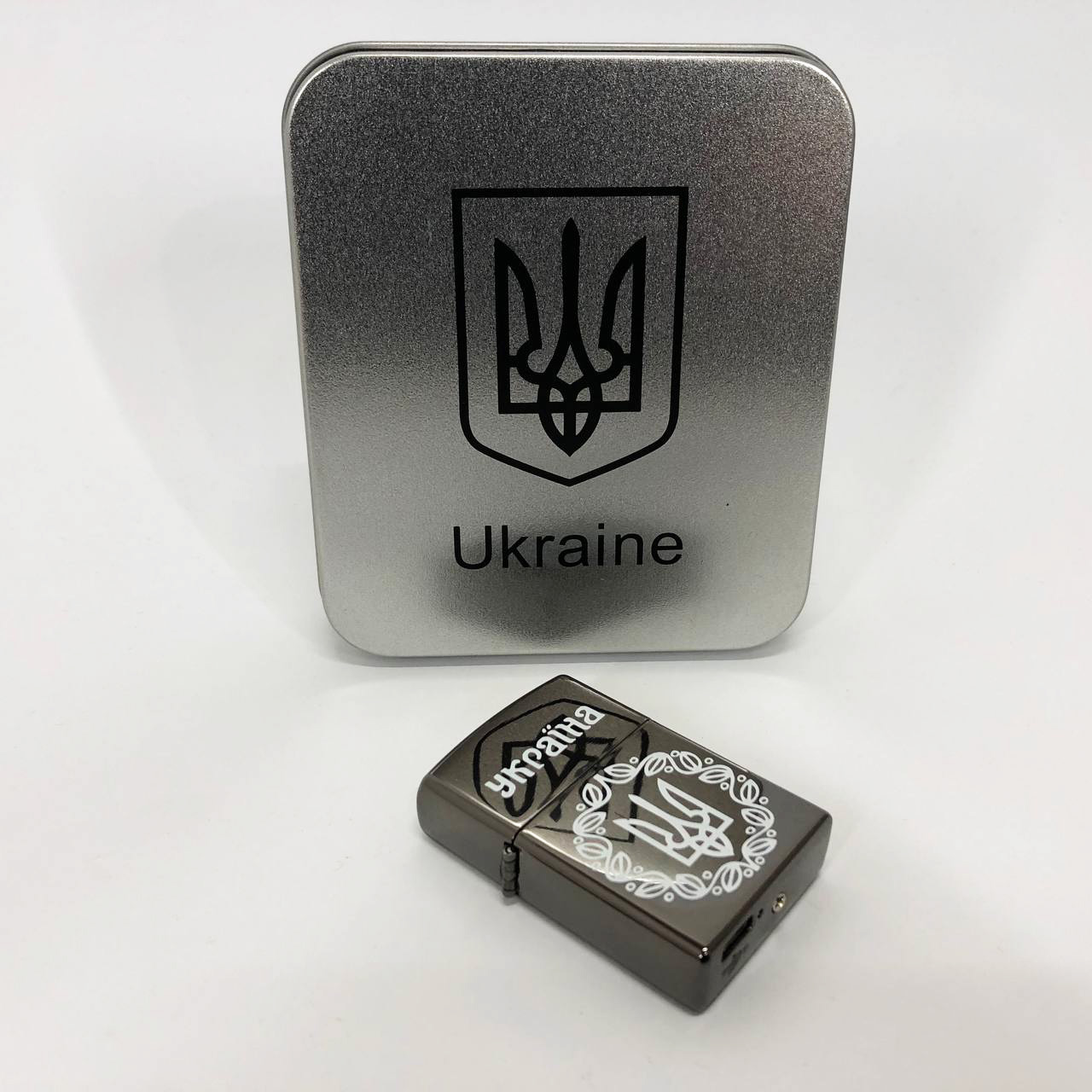 Дуговая электроимпульсная USB зажигалка Украина металлическая коробка HL-447. Цвет: черный