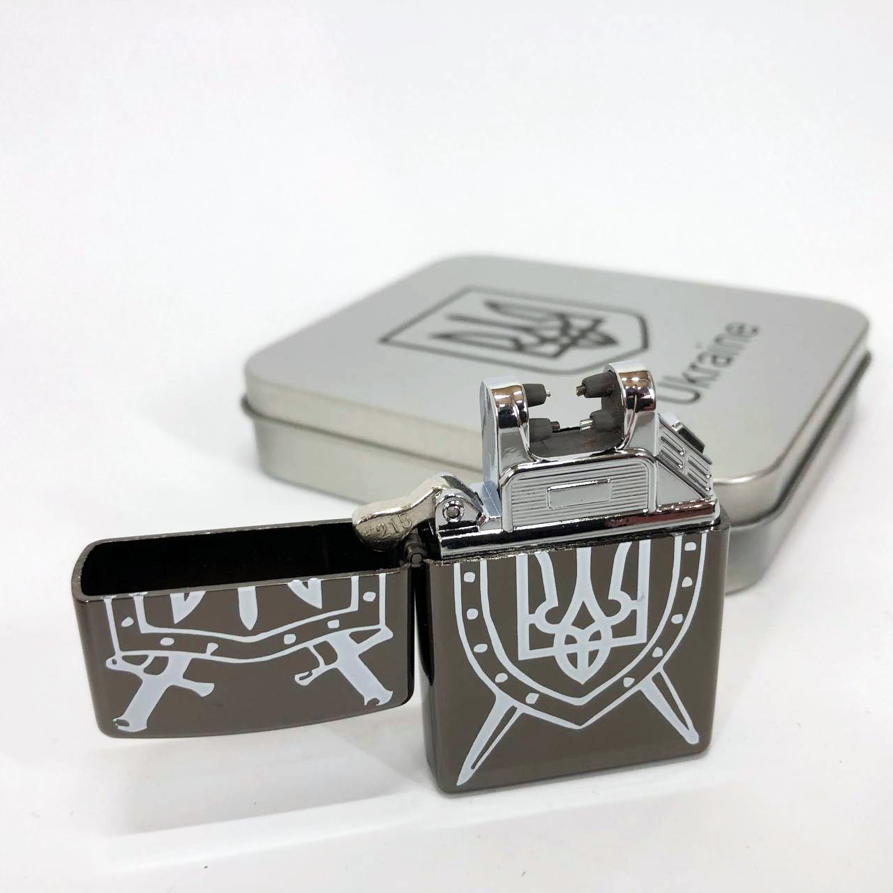 Дуговая электроимпульсная USB зажигалка Украина металлическая коробка HL-446. Цвет: черный
