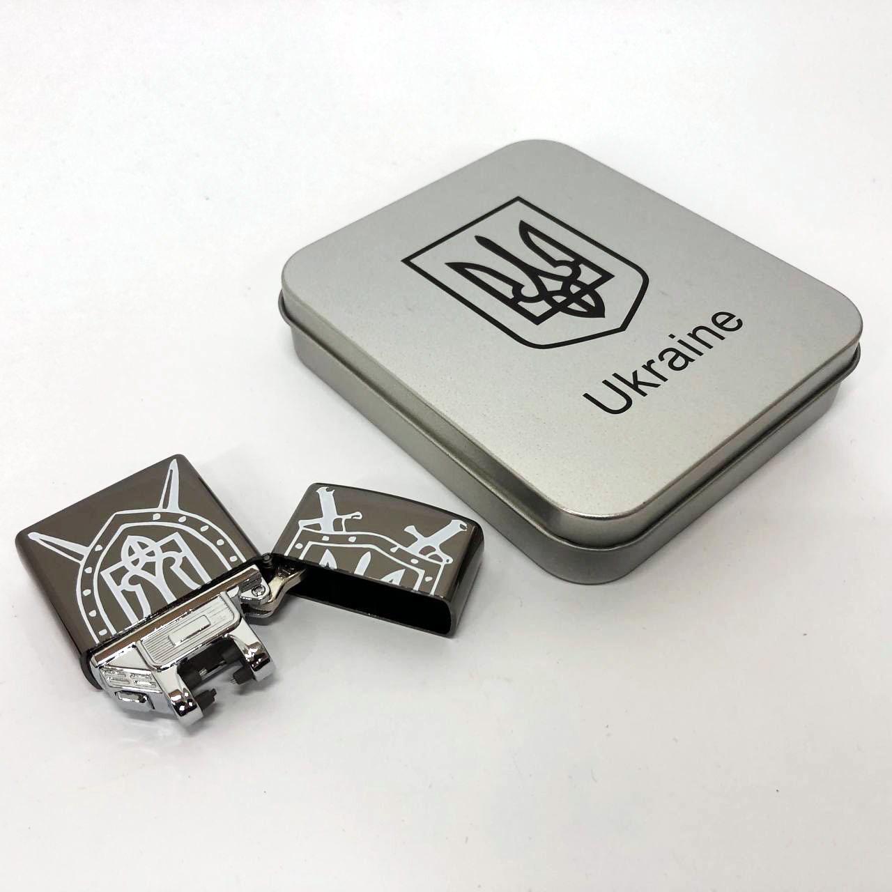 Дуговая электроимпульсная USB зажигалка Украина металлическая коробка HL-446. Цвет: черный