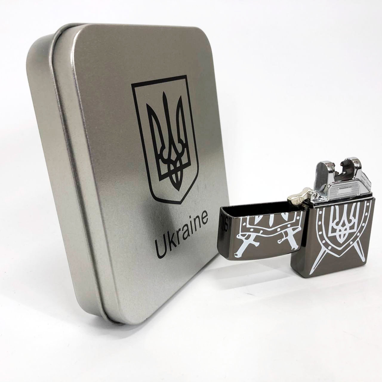 Дуговая электроимпульсная USB зажигалка Украина металлическая коробка HL-446. Цвет: черный