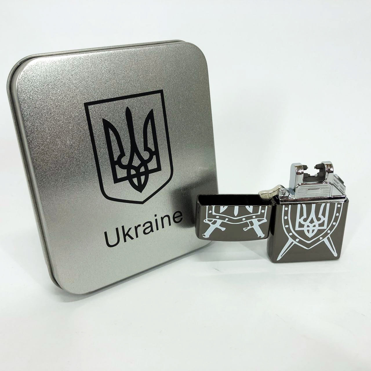 Дуговая электроимпульсная USB зажигалка Украина металлическая коробка HL-446. Цвет: черный