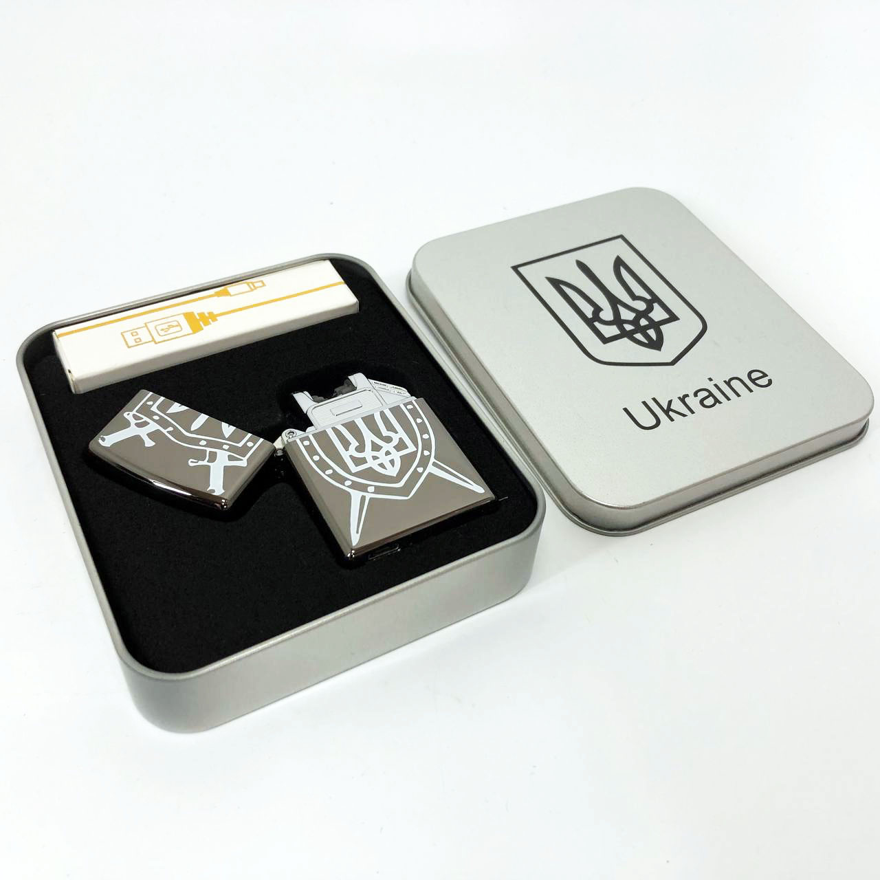 Дуговая электроимпульсная USB зажигалка Украина металлическая коробка HL-446. Цвет: черный