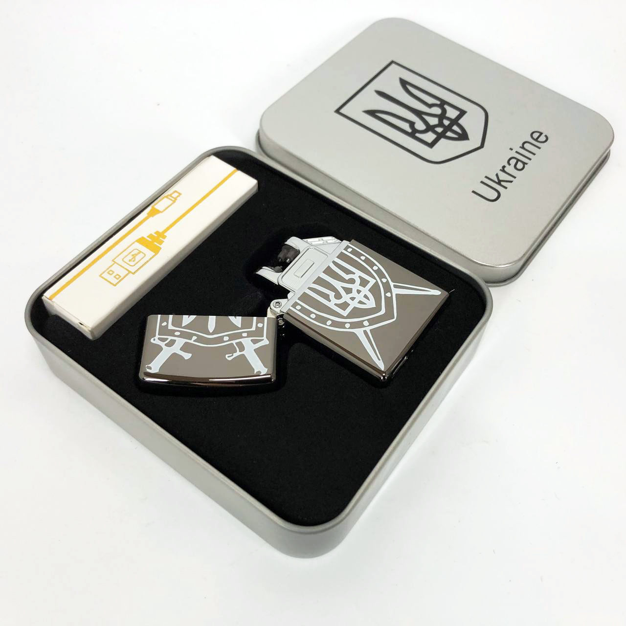 Дуговая электроимпульсная USB зажигалка Украина металлическая коробка HL-446. Цвет: черный