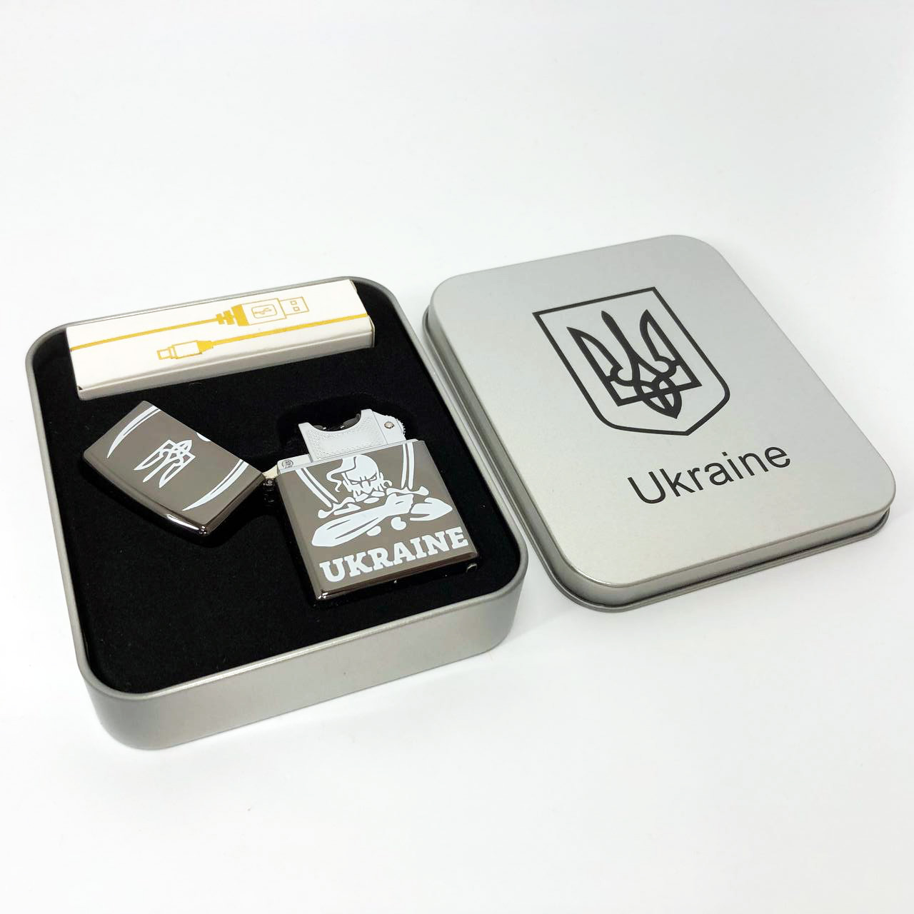 Дуговая электроимпульсная USB зажигалка Украина (металлическая коробка) HL-449. Цвет: черный