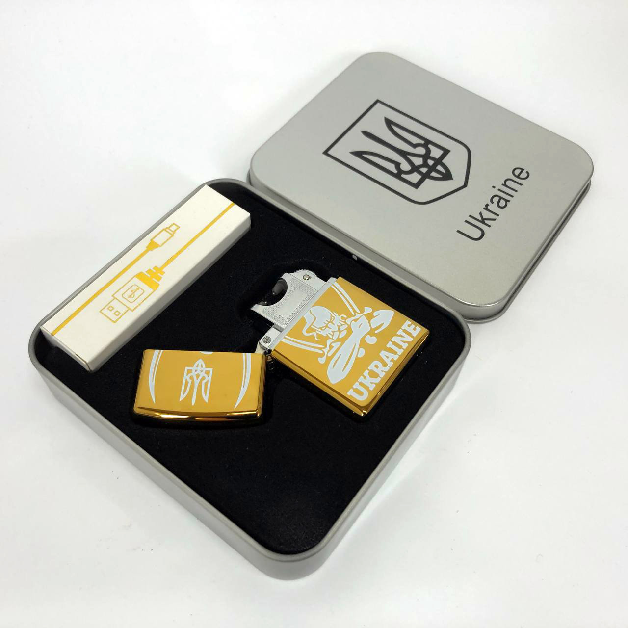 Дуговая электроимпульсная USB зажигалка Украина (металлическая коробка) HL-449. Цвет: золотой