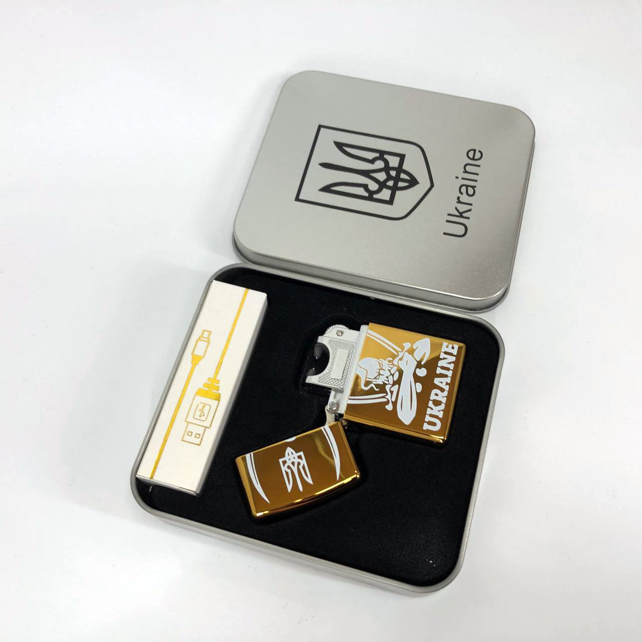 Дуговая электроимпульсная USB зажигалка Украина (металлическая коробка) HL-449. Цвет: золотой