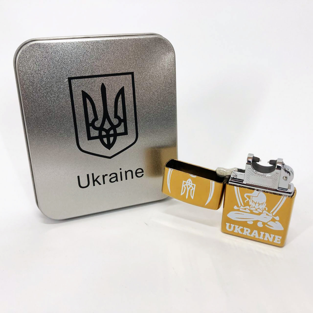 Дуговая электроимпульсная USB зажигалка Украина (металлическая коробка) HL-449. Цвет: золотой