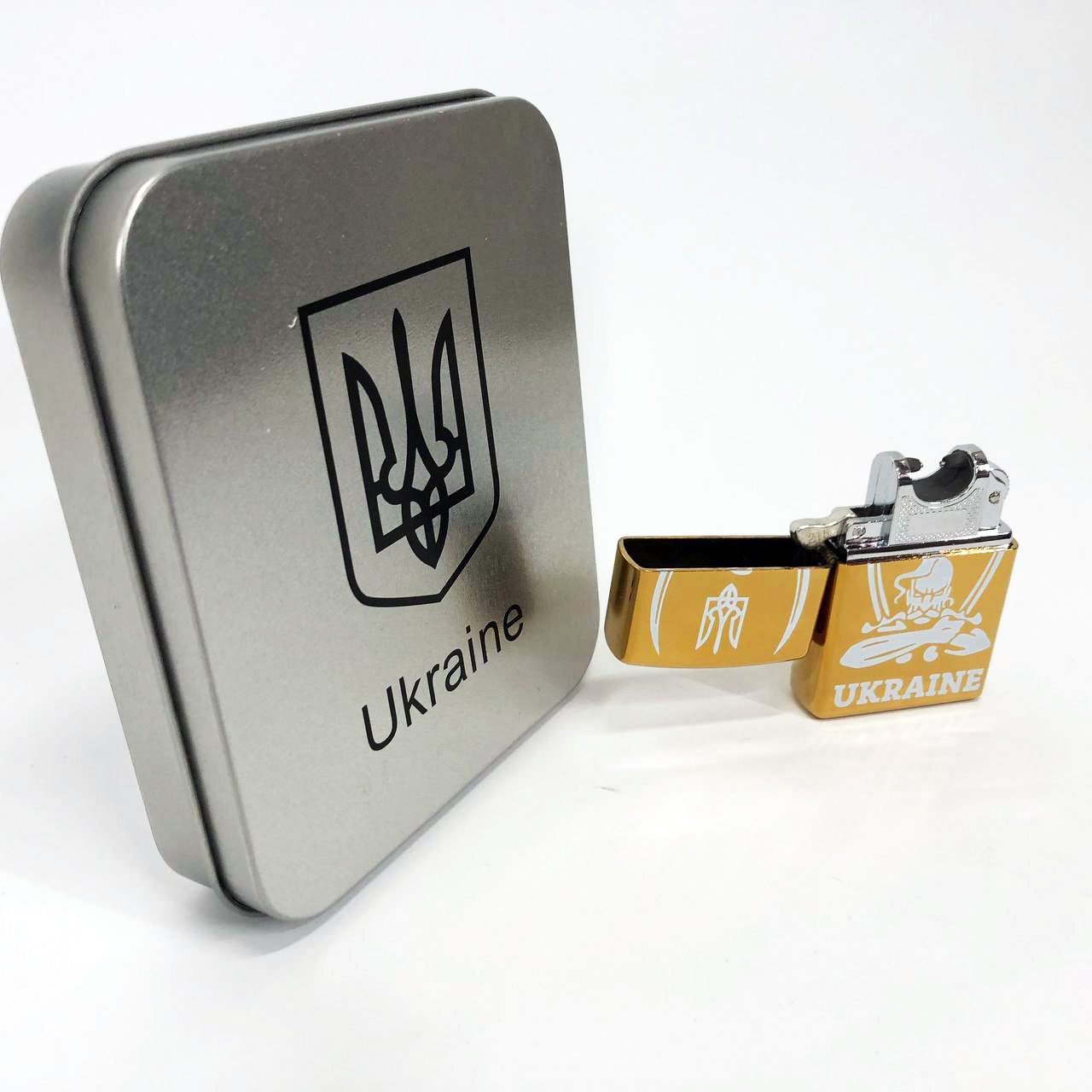 Дуговая электроимпульсная USB зажигалка Украина (металлическая коробка) HL-449. Цвет: золотой