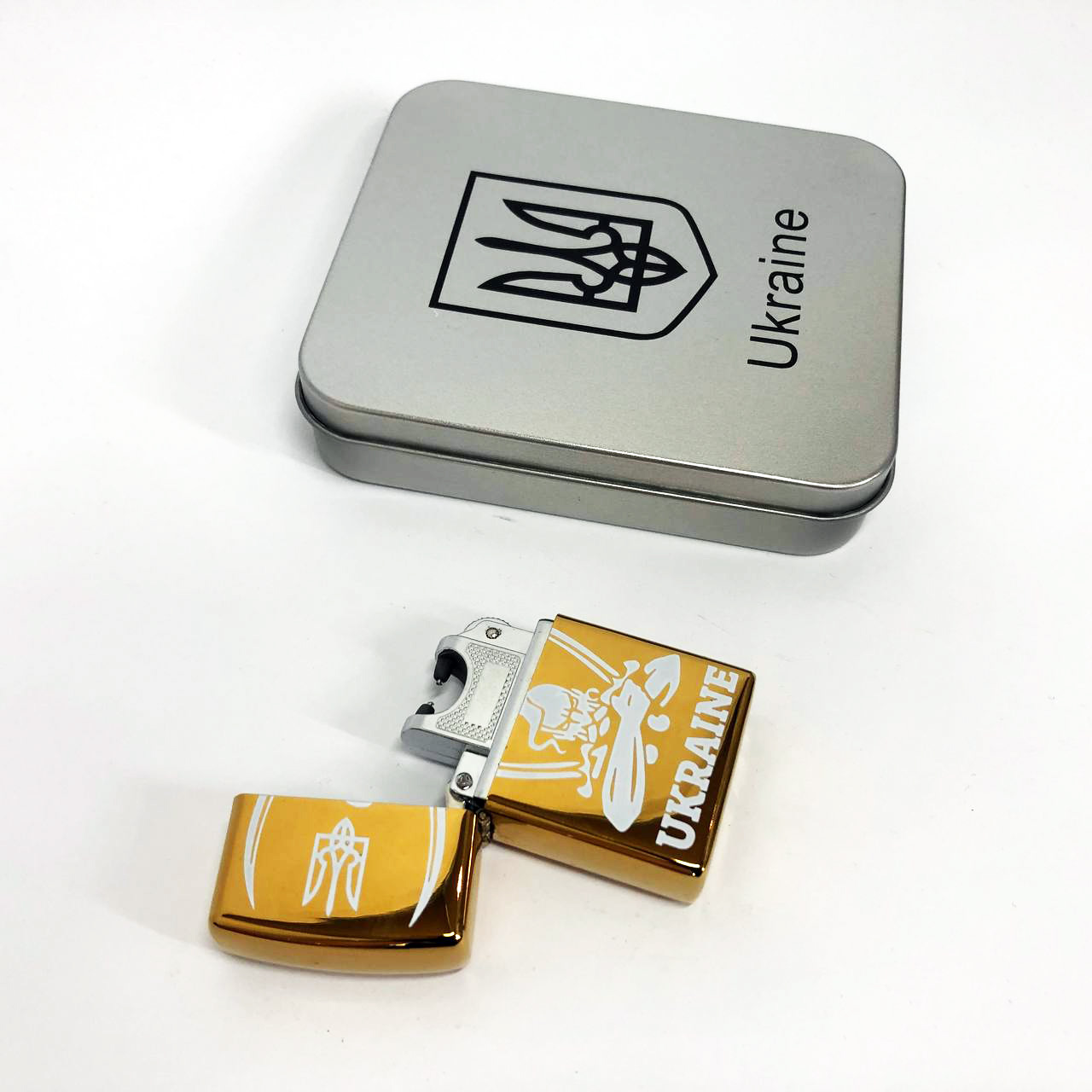 Дуговая электроимпульсная USB зажигалка Украина (металлическая коробка) HL-449. Цвет: золотой