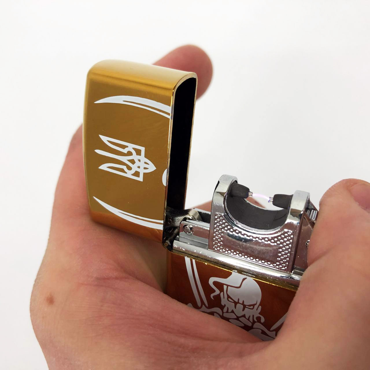 Дуговая электроимпульсная USB зажигалка Украина (металлическая коробка) HL-449. Цвет: золотой