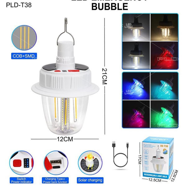Светодиодная LED лампа с аккумулятором T38-COB+SMD(RGB) 2x18650 солнечная батарея