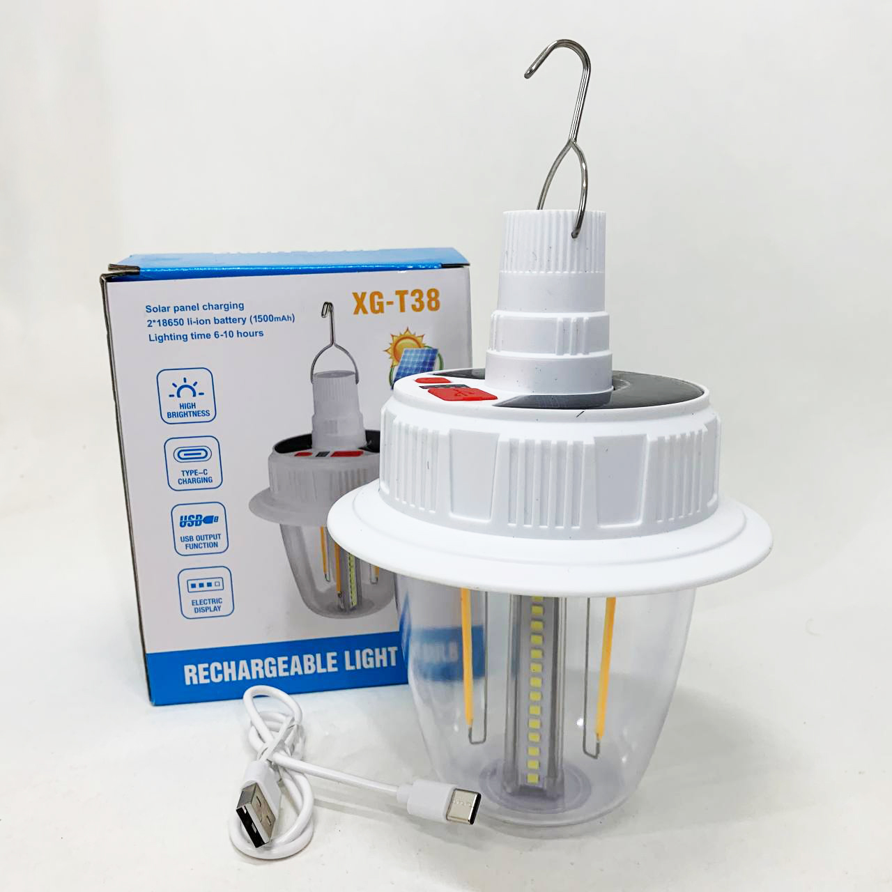 Светодиодная LED лампа с аккумулятором T38-COB+SMD(RGB) 2x18650 солнечная батарея