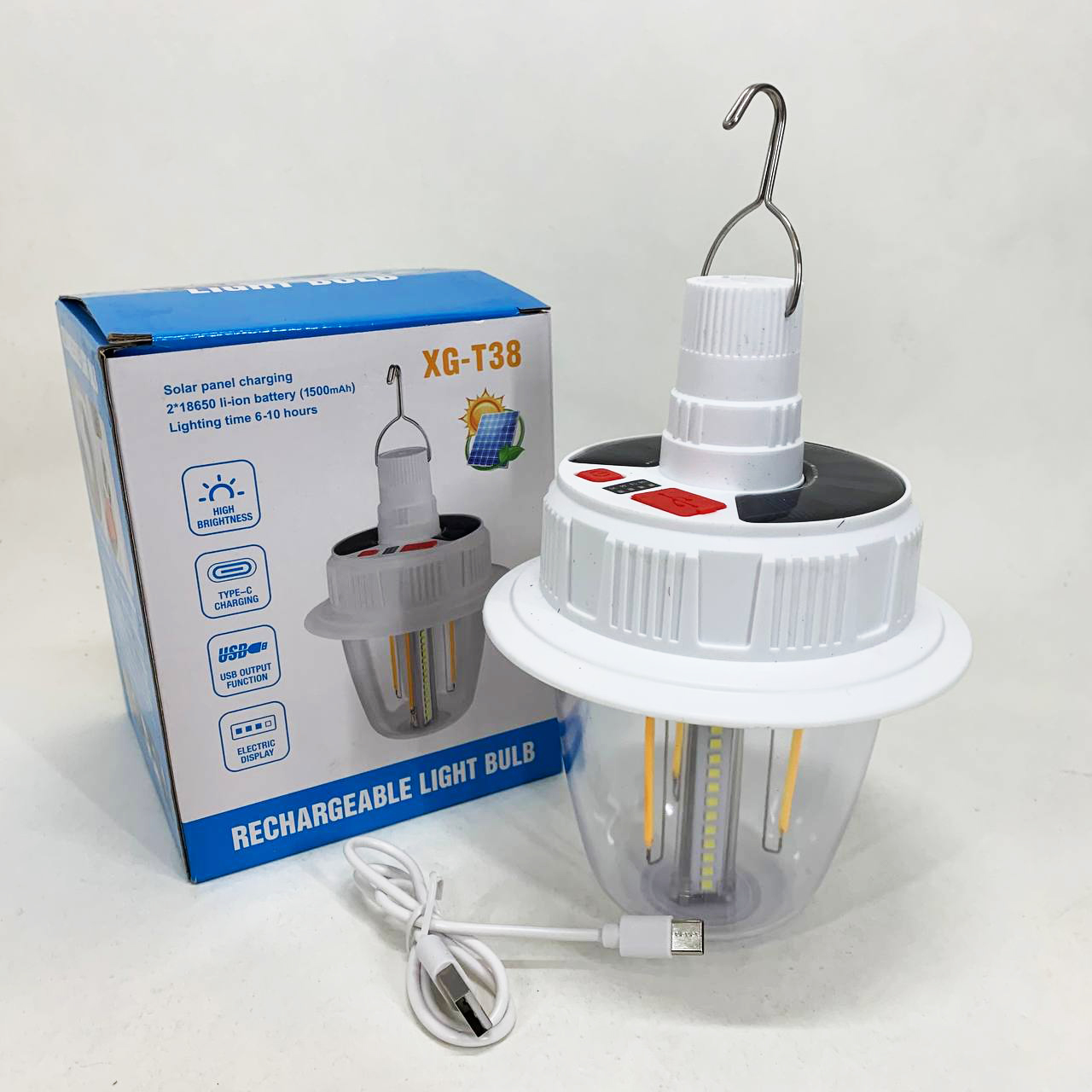 Светодиодная LED лампа с аккумулятором T38-COB+SMD(RGB) 2x18650 солнечная батарея