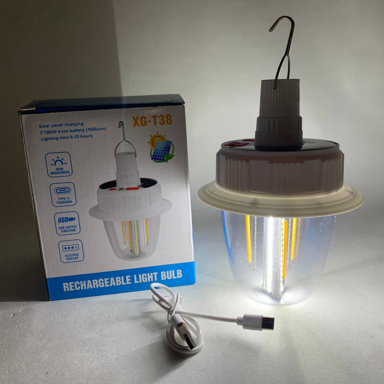 Светодиодная LED лампа с аккумулятором T38-COB+SMD(RGB) 2x18650 солнечная батарея