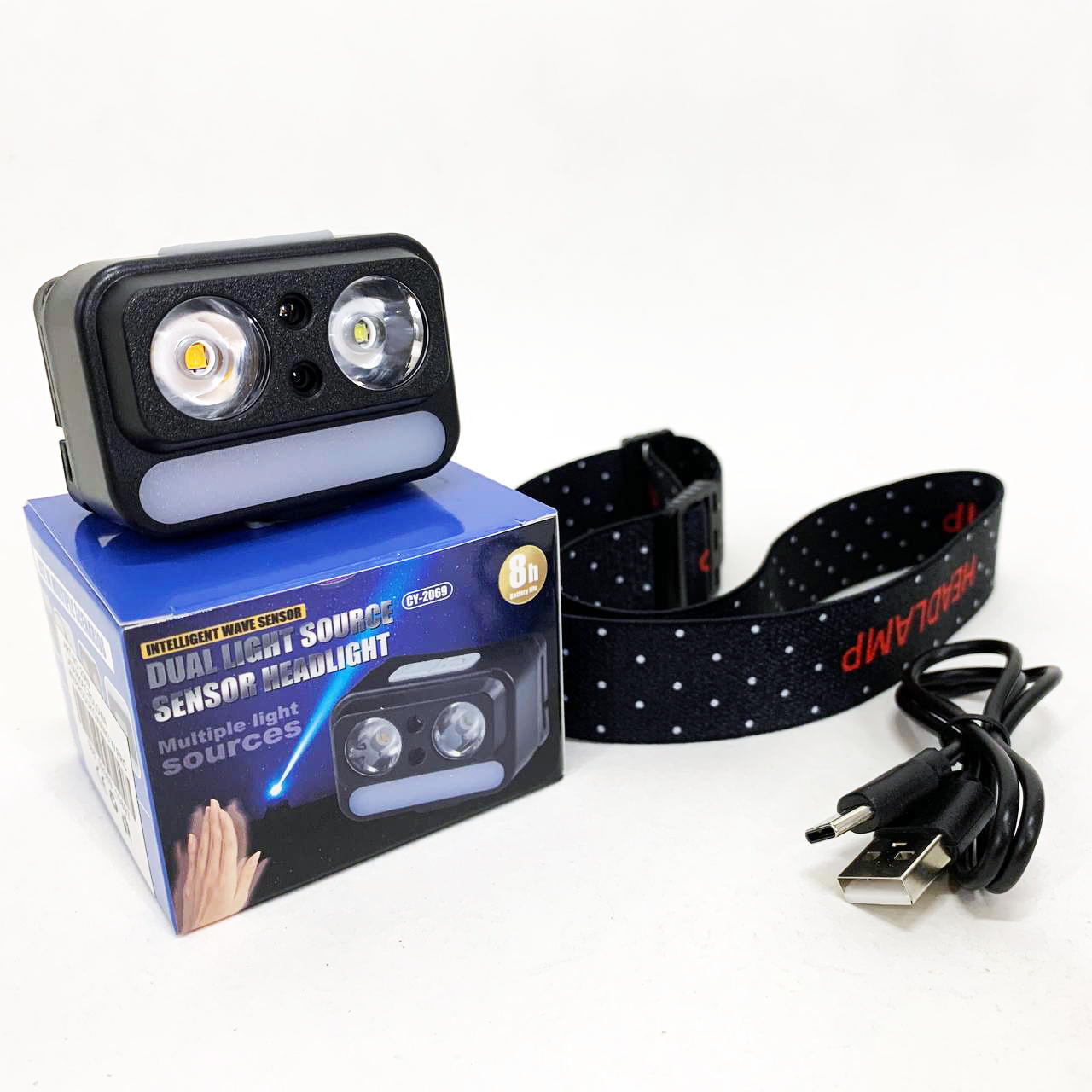 Фонарь налобный 2069-XPG+XPG+5SMD Motion sensor