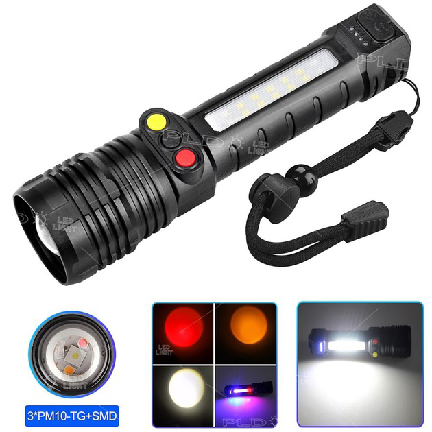 Фонарь ручной PLD-H005-3PM10-TG +14SMD, белый, желтый, красный