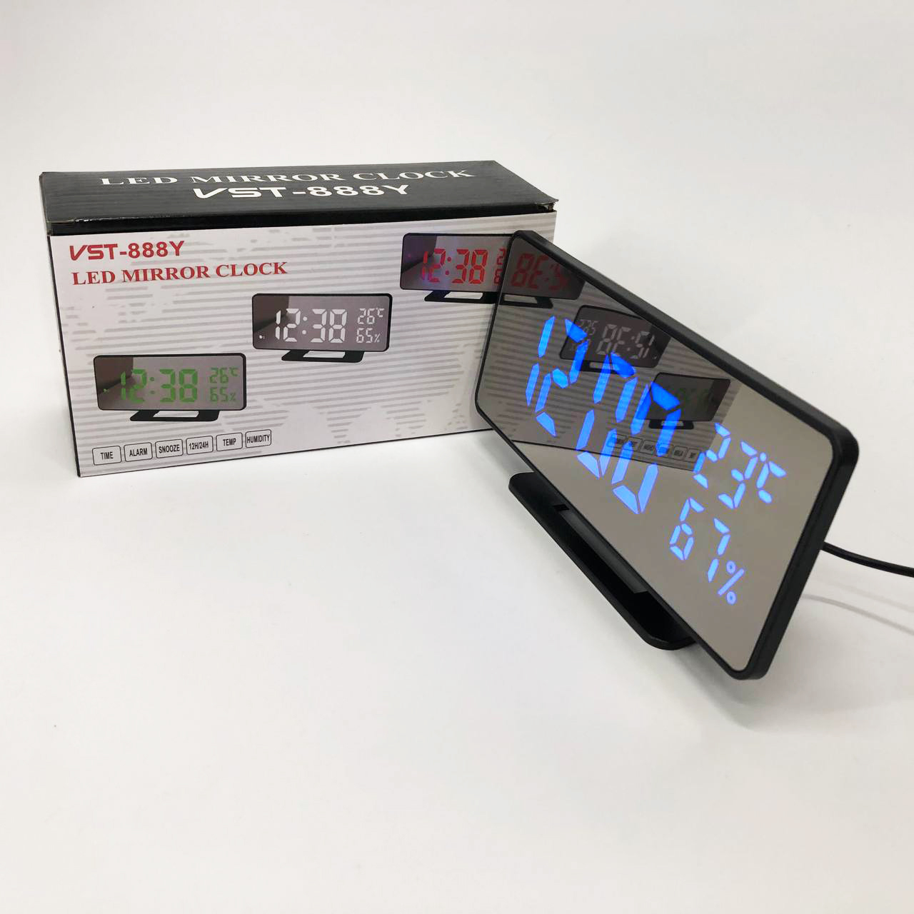 Часы настольные зеркальные VST-888Y-5 USB с синим циферблатом, Настольные часы с подсветкой