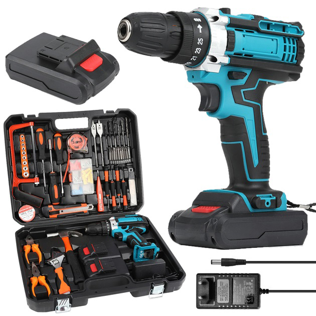 Аккумуляторный шуруповерт с набором инструментов + 2 аккумулятора, ударный шуруповёрт + кейс