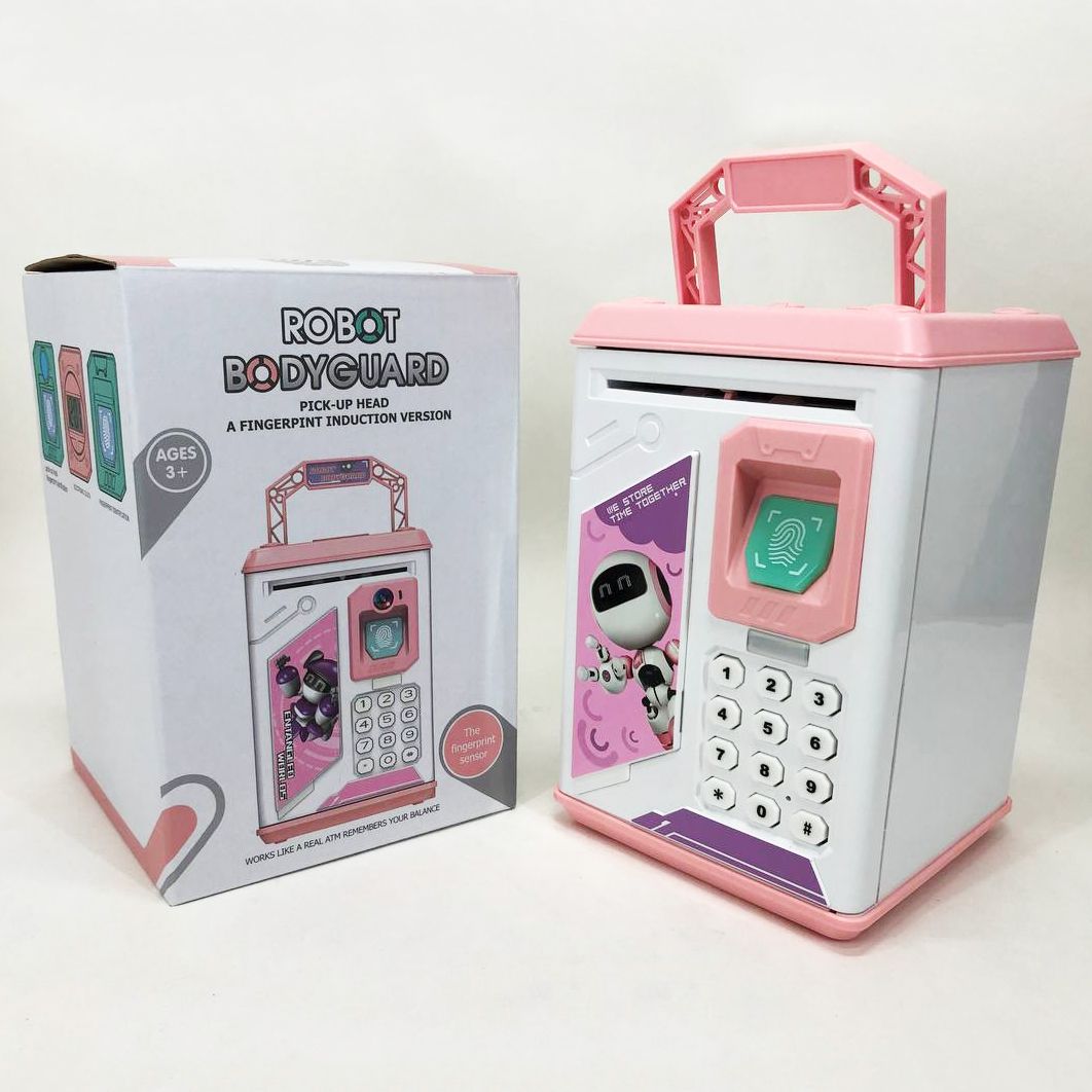Копилка-сейф ROBOT BODYGUARD с кодовым замком отпечатком пальца и купюроприемником. Цвет: розовый