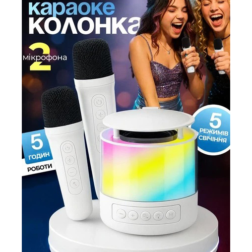 Портативная Bluetooth колонка K19 с подсветкой LED и двумя микрофонами для караоке White